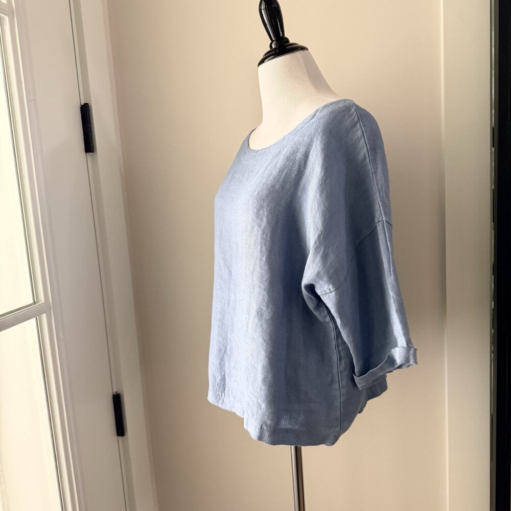 Made in Italy Linen Boxy Crop Top OS S M L Blue Boat Neck Short Sleeve NWOT - Picture 3 of 10